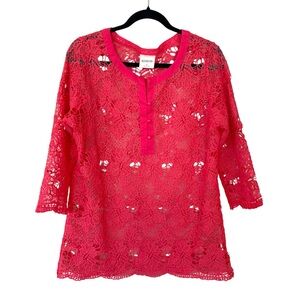 Bedford Fair Pink Floral Lace Blouse Romantic Chic Boho 3/4 Sleeve Size Medium